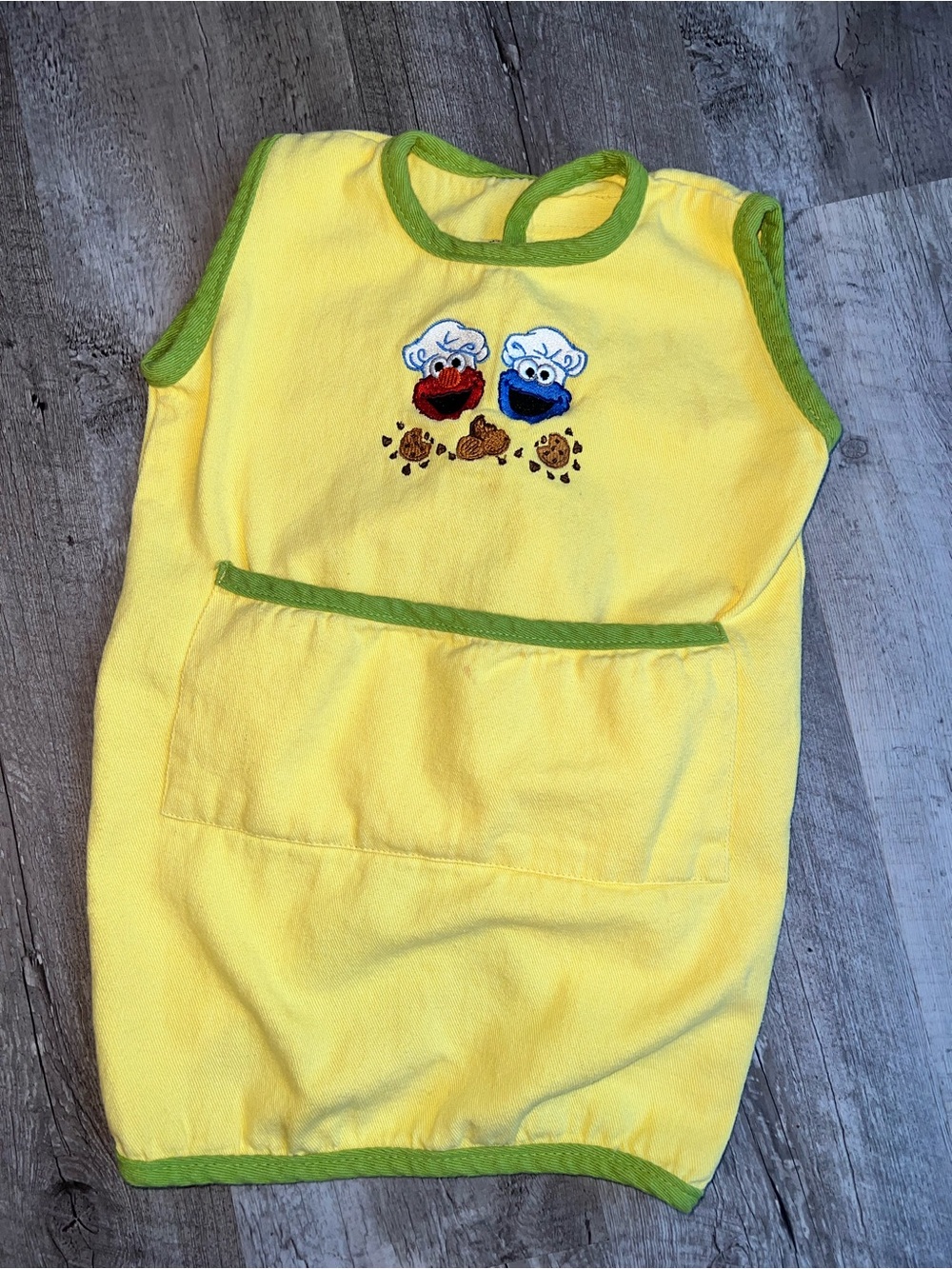 Yellow Kids Apron with Green Trim and Elmo & Cookie Monster Embroidery